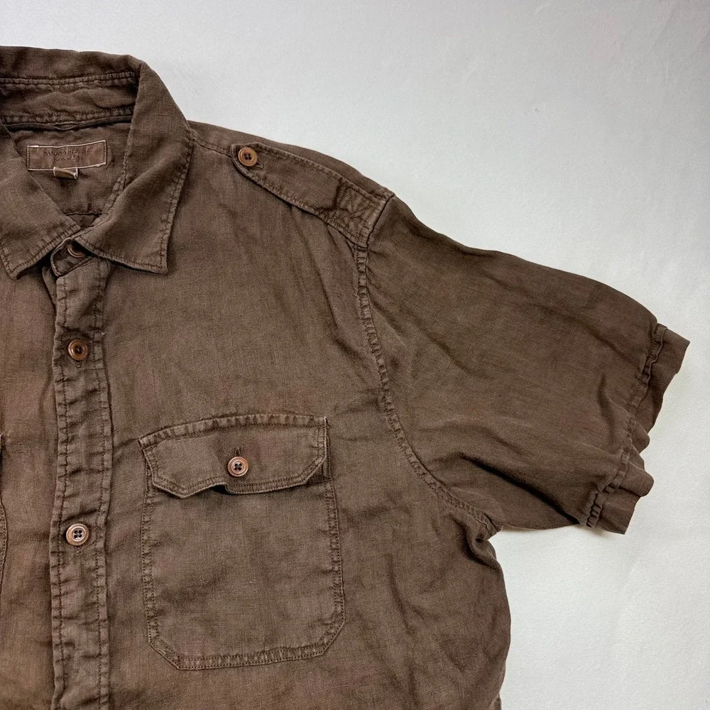 Banana Republic Mens M Brown 100% Linen Short Sleeve Military Safari Shirt